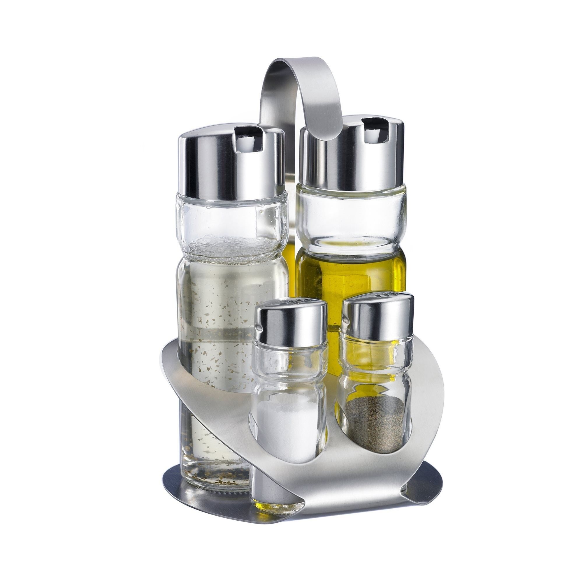 Oliviera din inox si sticla 4 piese, pentru ulei, otet, sare si piper, Lowenthal, 04720