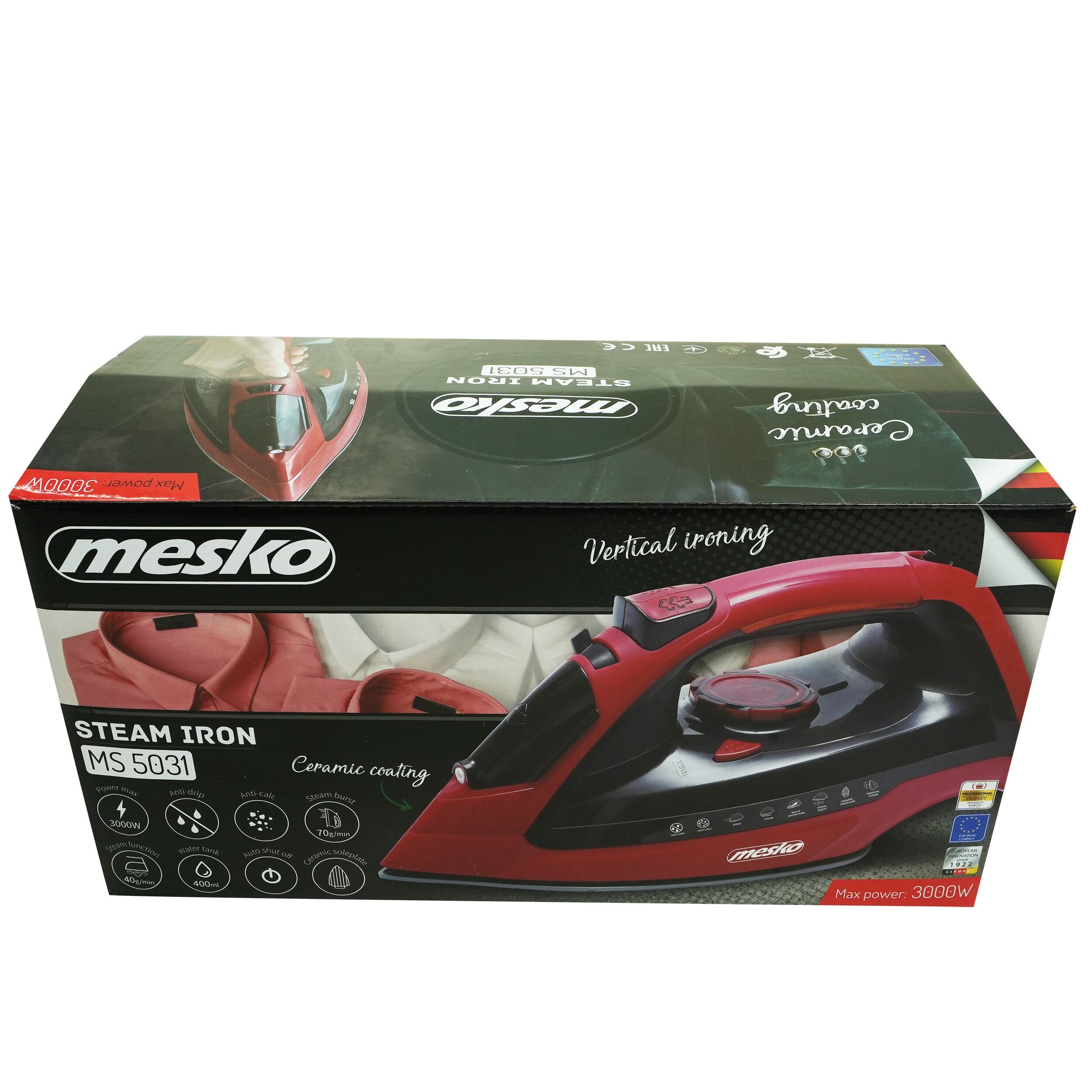 Fier de calcat cu abur MESKO, 3000 W, 70g/min, 400ml, Oprire automata, Functie anti-picurare si auto-curatare, rosu/negru