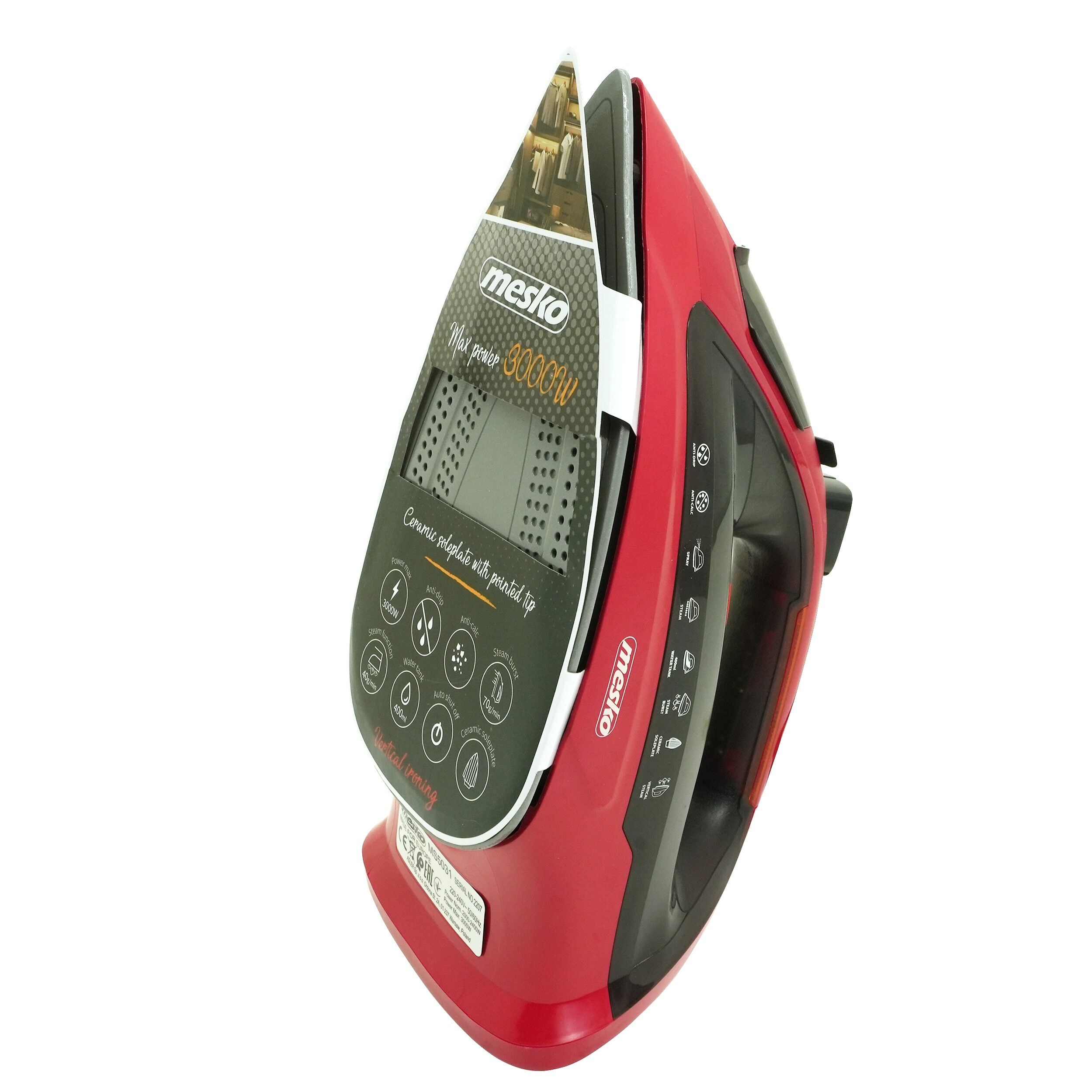 Fier de calcat cu abur MESKO, 3000 W, 70g/min, 400ml, Oprire automata, Functie anti-picurare si auto-curatare, rosu/negru - imagine 4