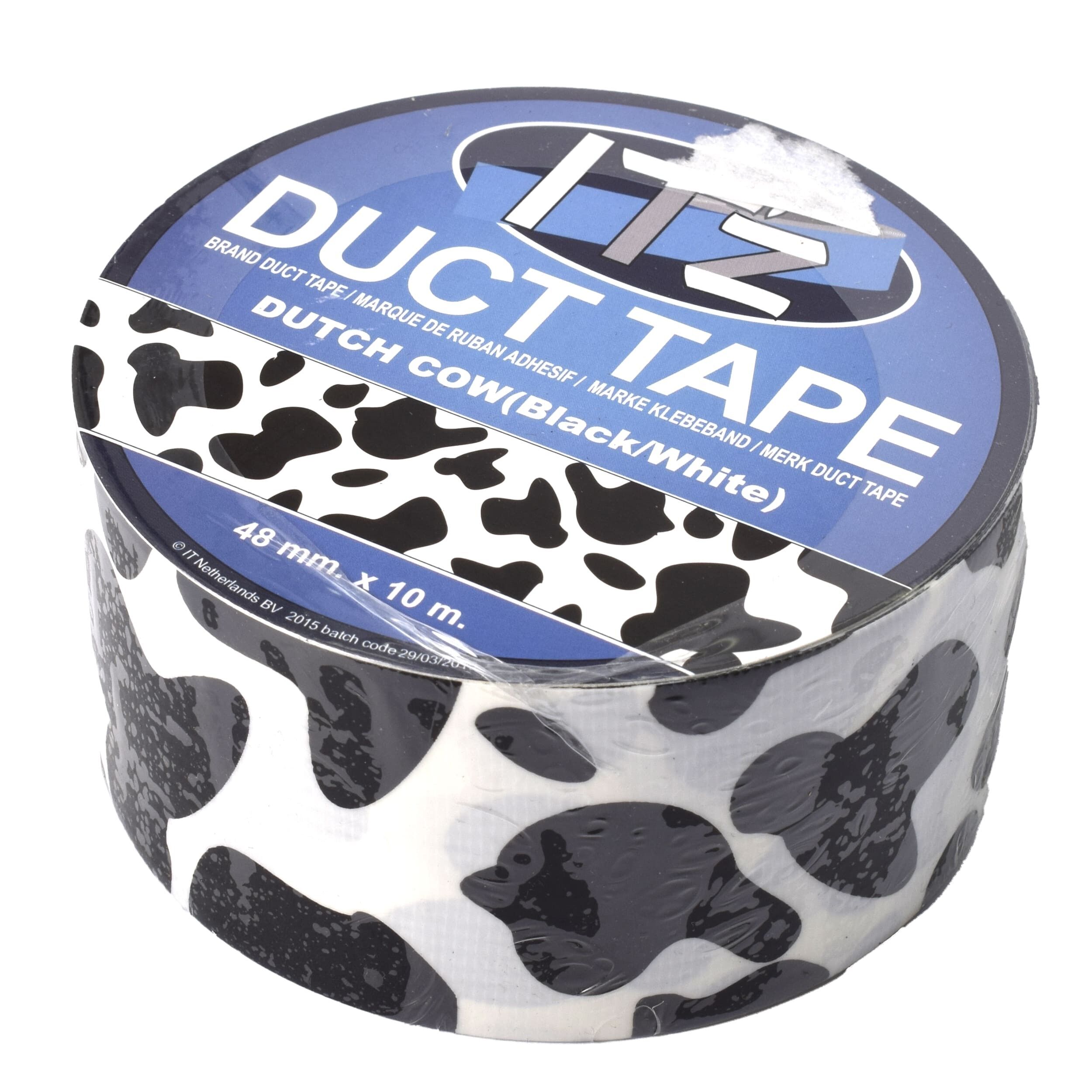 Banda adeziva Duct Tape, 10 m x 4.8 cm, model vaca alb cu negru, 02391