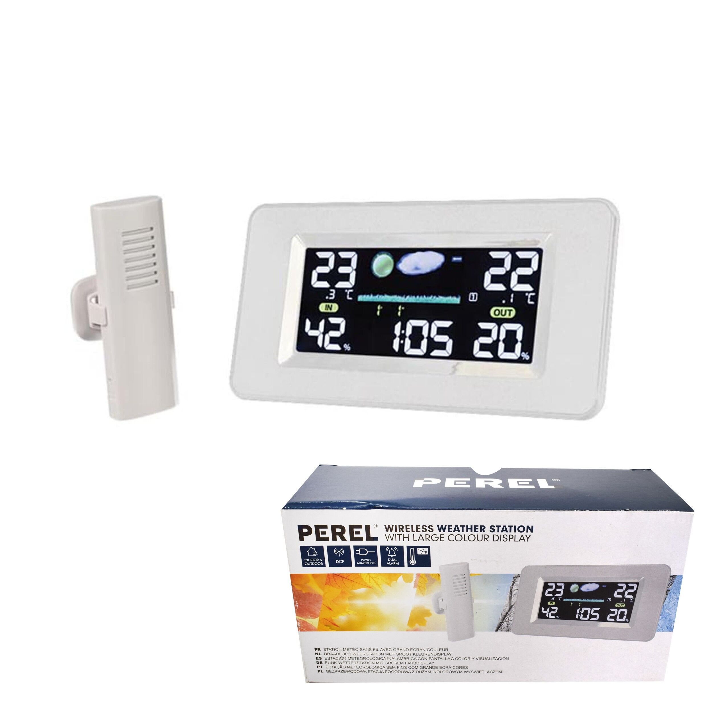 Statie Meteo fara Fir cu Senzor interior si Exterior, PEREL, Prognoza Meteo, Masurare Temperatura si Umiditate, Ceas cu Alarma - imagine 2