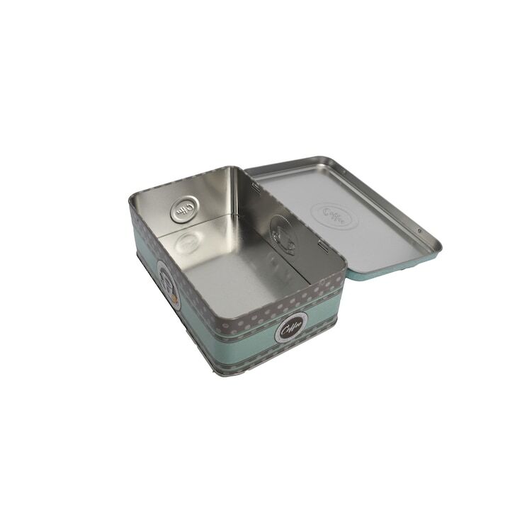 Cutie metalica, dreptunghiulara, cu model 3d cafea, culoare turcoaz, 19 x 13 x 7 cm, 76805