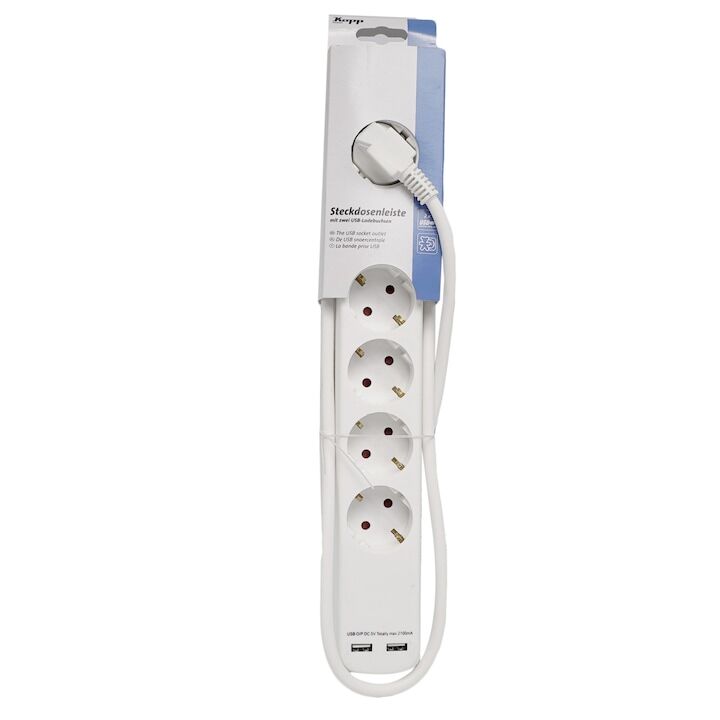Prelungitor Kopp Germany 6 prize+2 racorduri USB, 1.4 m, Alb